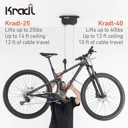 Kradl - Ceiling Mount Bike Lift and Rack. Bicycle Storage Hoist Without Electricity, Clumsy Ropes or Pulleys. 25 Pound Capacity.