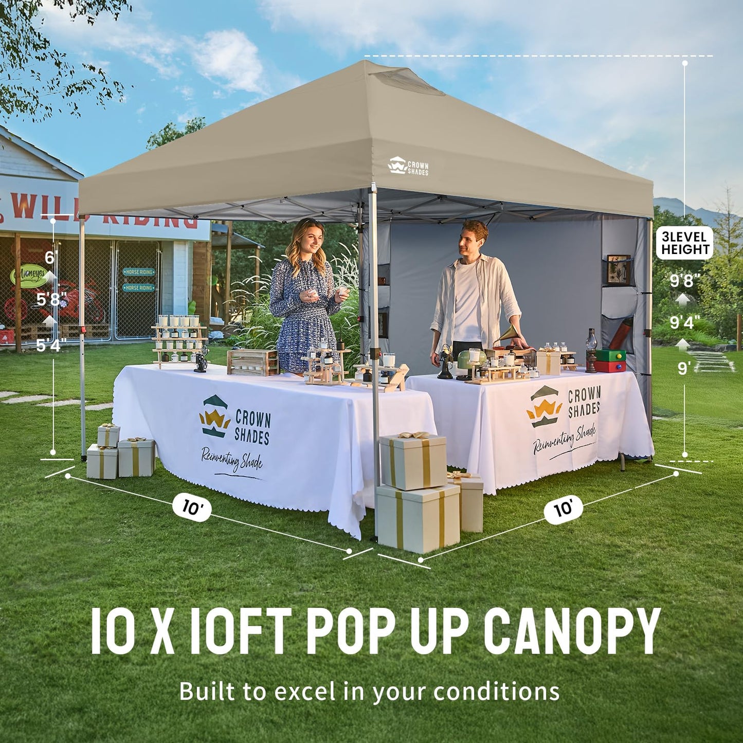 CROWN SHADES Canopy Tent 10x10 Pop Up Canopy Outdoor Shade with Pockets Sidewall, Easy Up Sun Shelter with One Person Set Up Center Lock, Portable Instant Camping Beach Canopy Tents, Beige