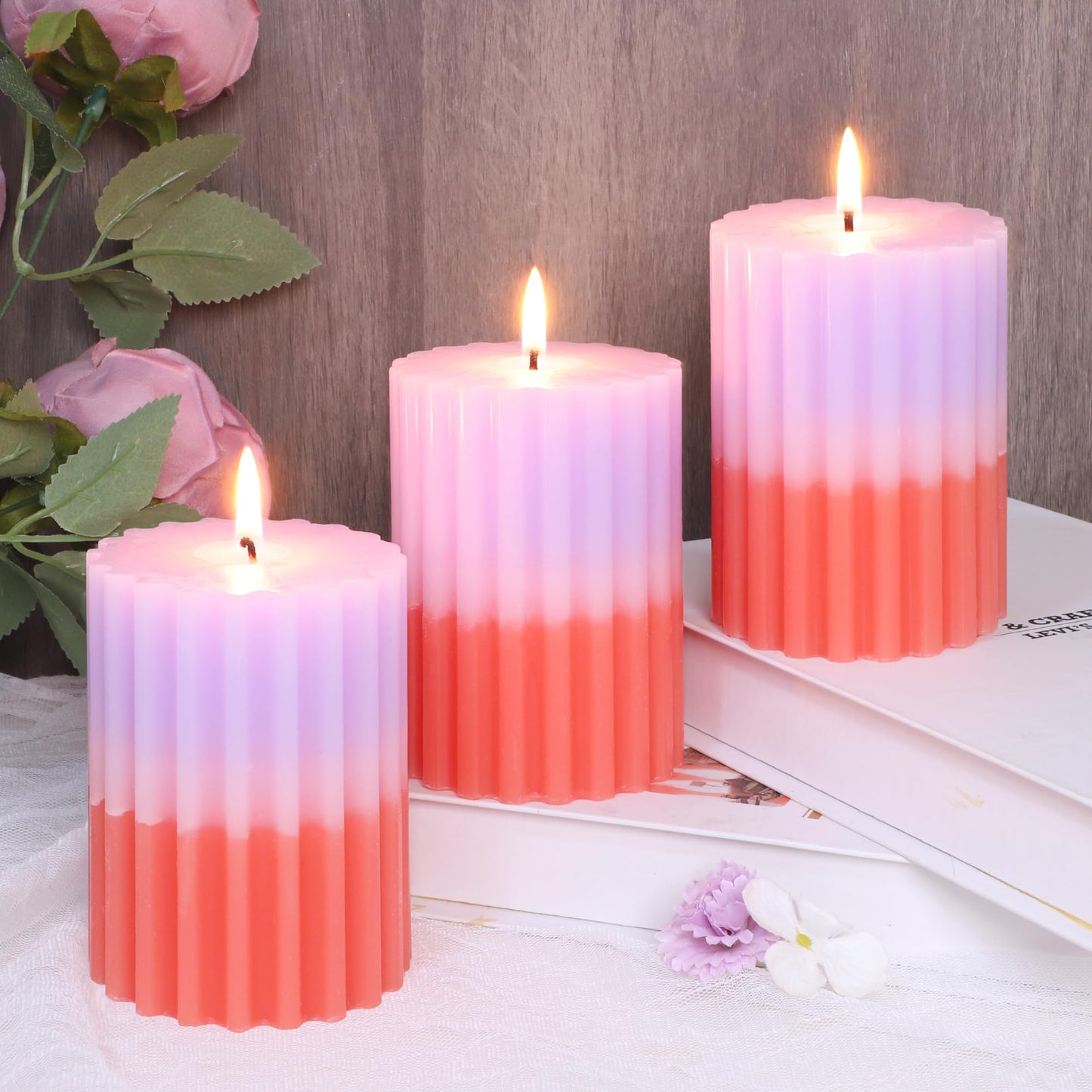 FLAVCHARM Ribbed Pillar Candles Purple Coral Gradient Vanilla Scented 3x4 Inch Candle Handmade Striped Aesthetic Retro Textured Pillar Candle for Boho Home Decor, Coffee Table, Weddings Party, 3-Pack