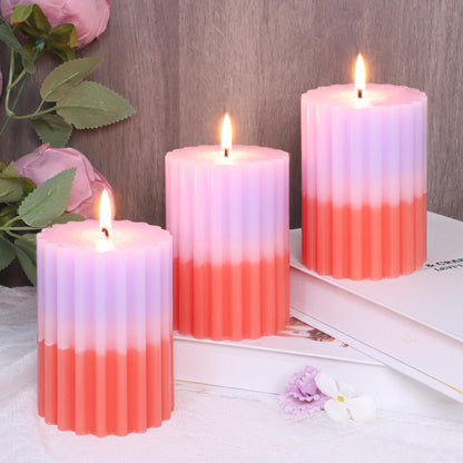 FLAVCHARM Ribbed Pillar Candles Purple Coral Gradient Vanilla Scented 3x4 Inch Candle Handmade Striped Aesthetic Retro Textured Pillar Candle for Boho Home Decor, Coffee Table, Weddings Party, 3-Pack