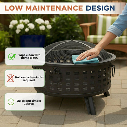 Outdoor Fire Pit - 26-Inch Round Lattice Wood Burning Firepit with Screen, Poker, Grate and Cover - Wood Fire Pits & Outdoor Fireplaces by Pure Garden