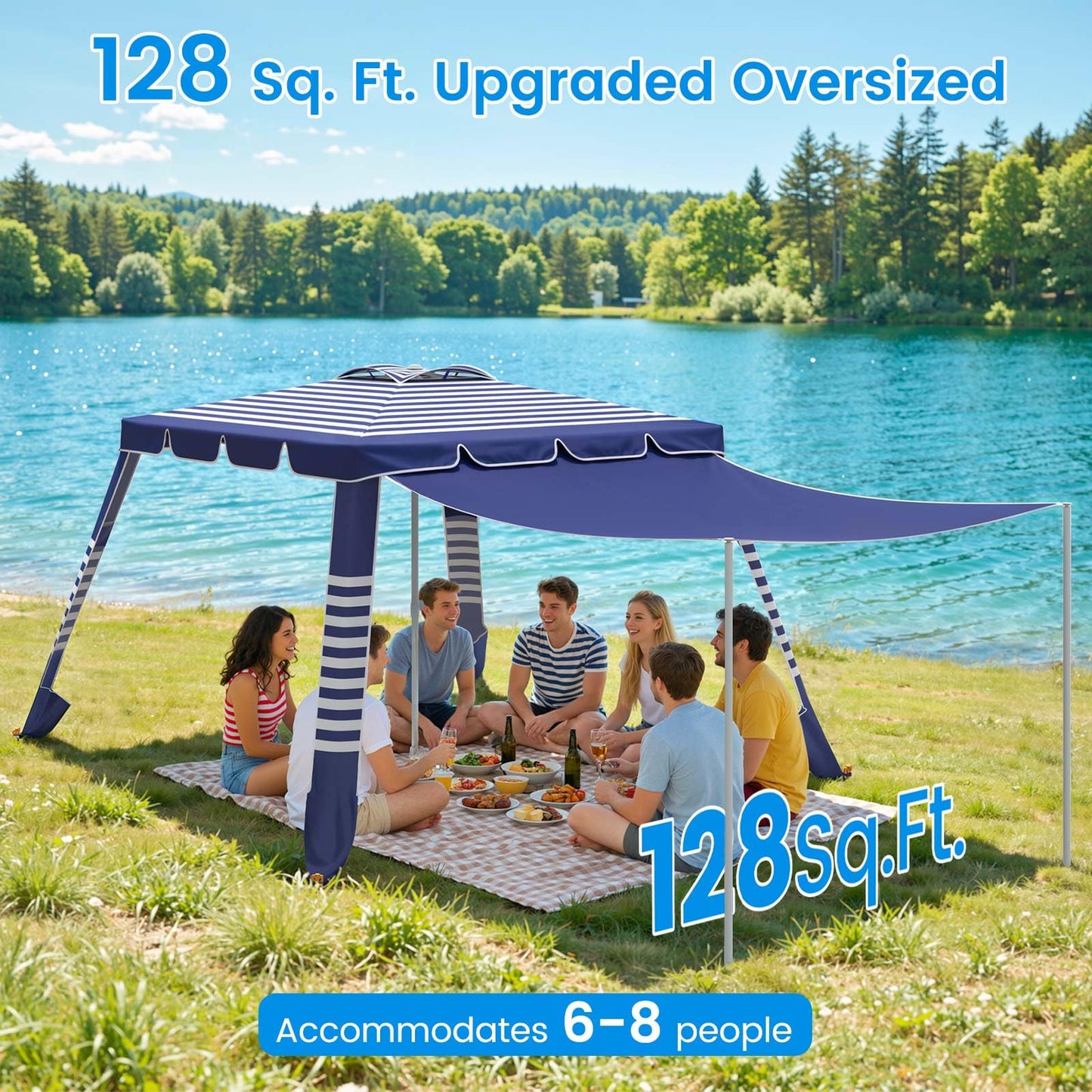 MoKo Beach Cabana,120 Sq. Ft. Large Beach Canopy Tent Sun Shade, UPF 50+ Protection Easy Setup Beach Tent, Adjustable Height Wind Resistant Cabana Sun Shelter for Whole Family, Navy Stripes