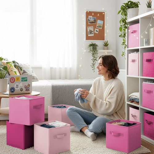 Granny Says 11-Inch Cube Storage Bins - Fabric Collapsible Organizer with Handle | Pink Gradient, 8-Pack