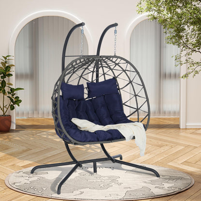 KEIKI Double Swing Egg Chair with Stand, Patio Rattan Wicker Hammock Egg Chair with UV Cushion, 2 Person Outdoor Indoor Hanging Basket Chair, 600LBS Capacity for Balcony, Dark Blue and Gray