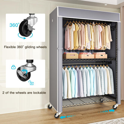 FUTASSI Black Clothing Rack with Grey Cover, P1C Plus Rolling Closets with Wheels, Metal Garment Rack for Hanging Clothes, Clothing Storage Wardrobe, 46" W x 18.5" D x 80.7" H, Load 524 Pounds