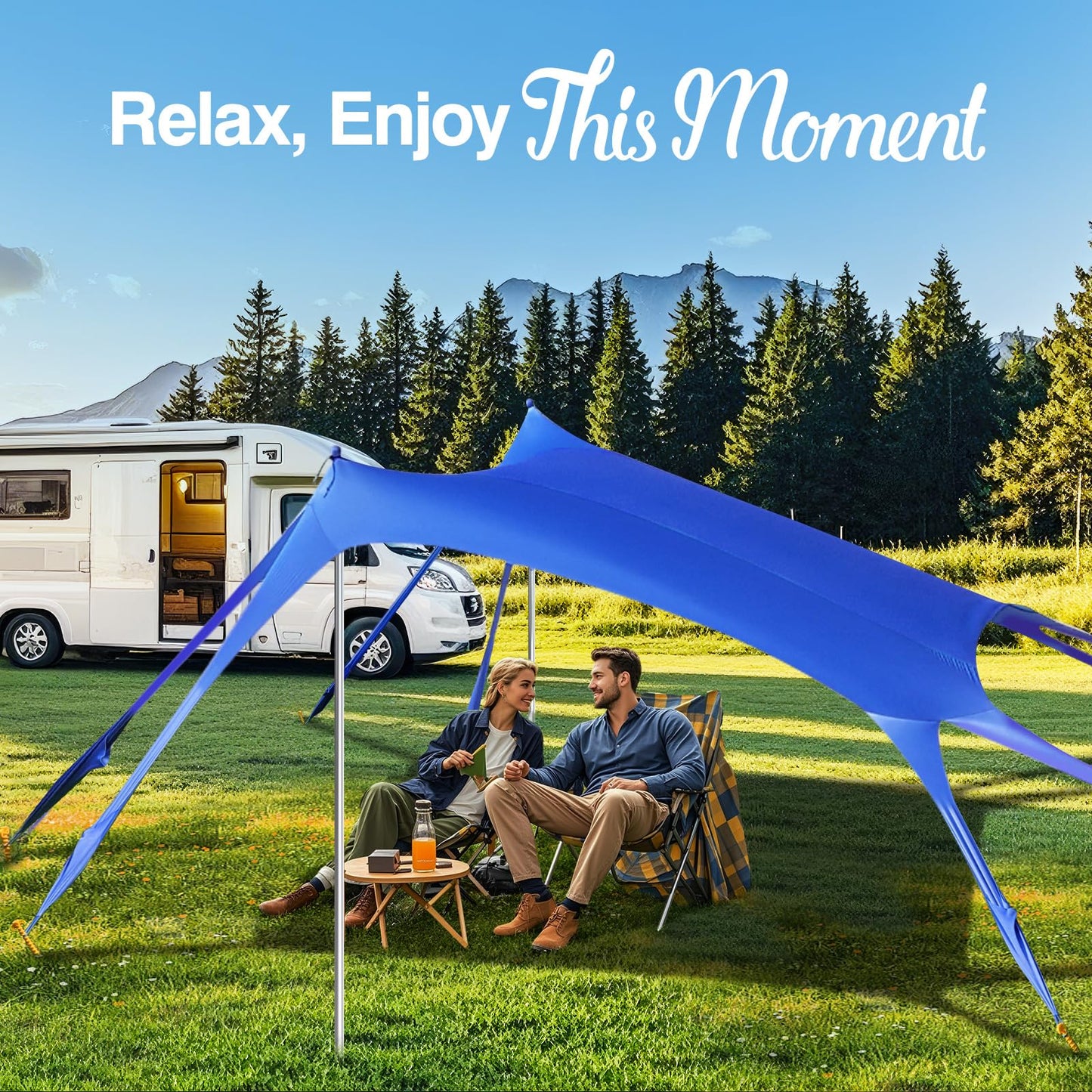 Rhino Valley Beach Tent, 10 x 13 FT Beach Shade UPF50+ Protection, Beach Canopy with 8 Sandbags 4 Stability Poles,Outdoor Beach Tent Sun Shelter Umbrella for Sand,Camping,Fishing Essentials, Indigo
