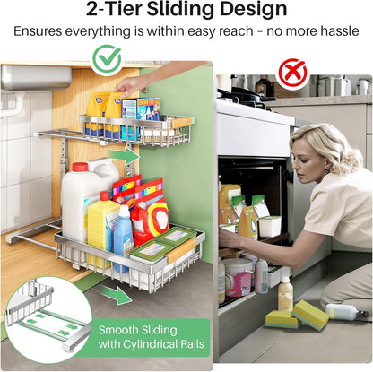Skiennix Under Sink Organizer - Stainless Steel 2-Tier Storage Rack | Pull-Out Cabinet Shelf for Kitchen & Bathroom