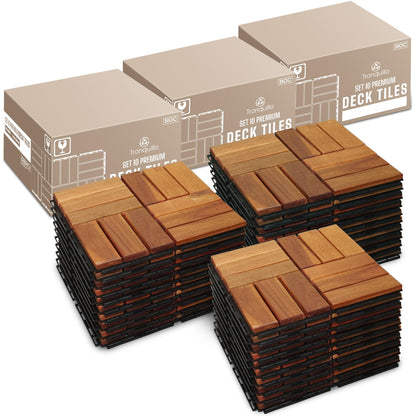 Tranquillo Interlocking Deck Tiles 12”x12”, Acacia Wood Patio Tiles, Waterproof Flooring Tiles for Indoor and Outdoor – Non-Slip, Easy Installation (Natural - Crossed Pattern, 30 Pcs - 30 Square Ft)