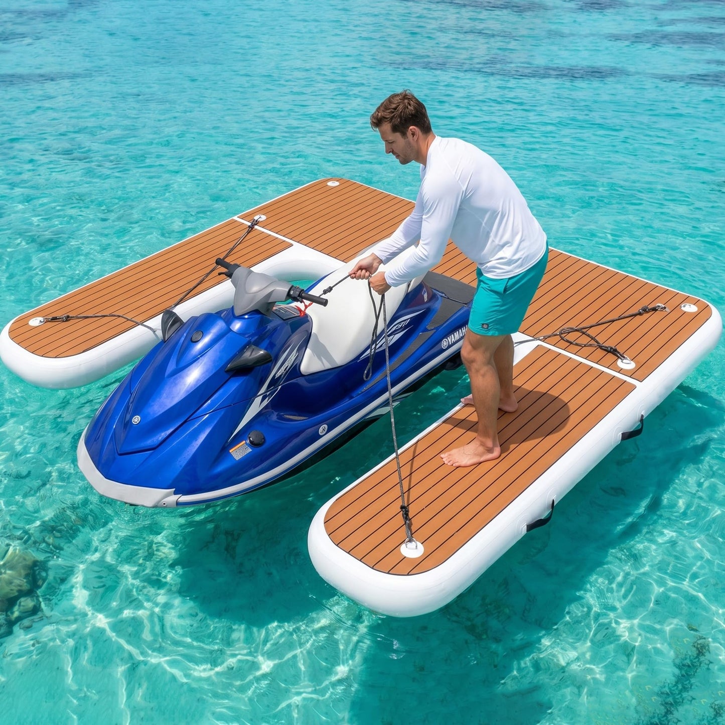 LOSKIA 8.5ft Inflatable Jet Ski Dock, U-Shaped Heavy-Duty PWC Floating Platform with Non-Slip EVA Pad, Portable Marine Docking Station for Lake Ocean Marina, Includes Pump