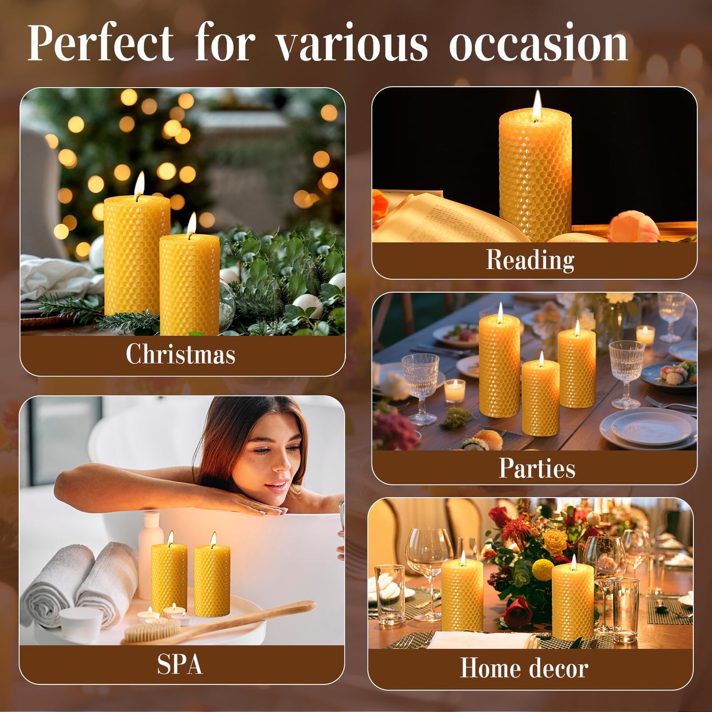 Pure Beeswax Pillar Candles,3 Pack Hand-Rolled Natural Beeswax Candles(1.77x3in,2x4in,2x6in) 60 Hours Burning Unscented Bees Wax Candle for Home,Smokeless&Dripless Pillar Candle for Meditation,Wedding