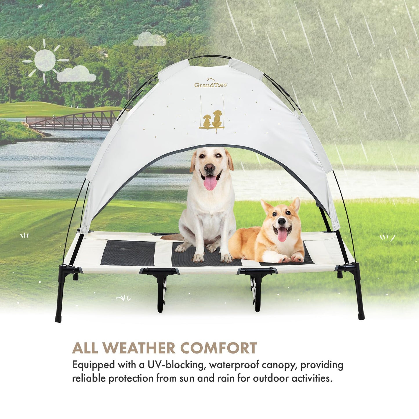 GrandTies Cooling Elevated Dog Bed with Canopy – XL Portable Pet Cot for Outdoor & Indoor Use – Waterproof Removable Shade, Breathable Mesh, Slip-Resistant Feet, Easy Assembly – Ivory White