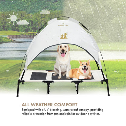 GrandTies Cooling Elevated Dog Bed with Canopy – XL Portable Pet Cot for Outdoor & Indoor Use – Waterproof Removable Shade, Breathable Mesh, Slip-Resistant Feet, Easy Assembly – Ivory White