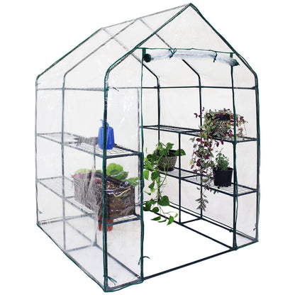 Sunnydaze Portable Outdoor Grandeur Walk-in Greenhouse with 4 Steel Wire Shelves and Roll-Up Door - Clear