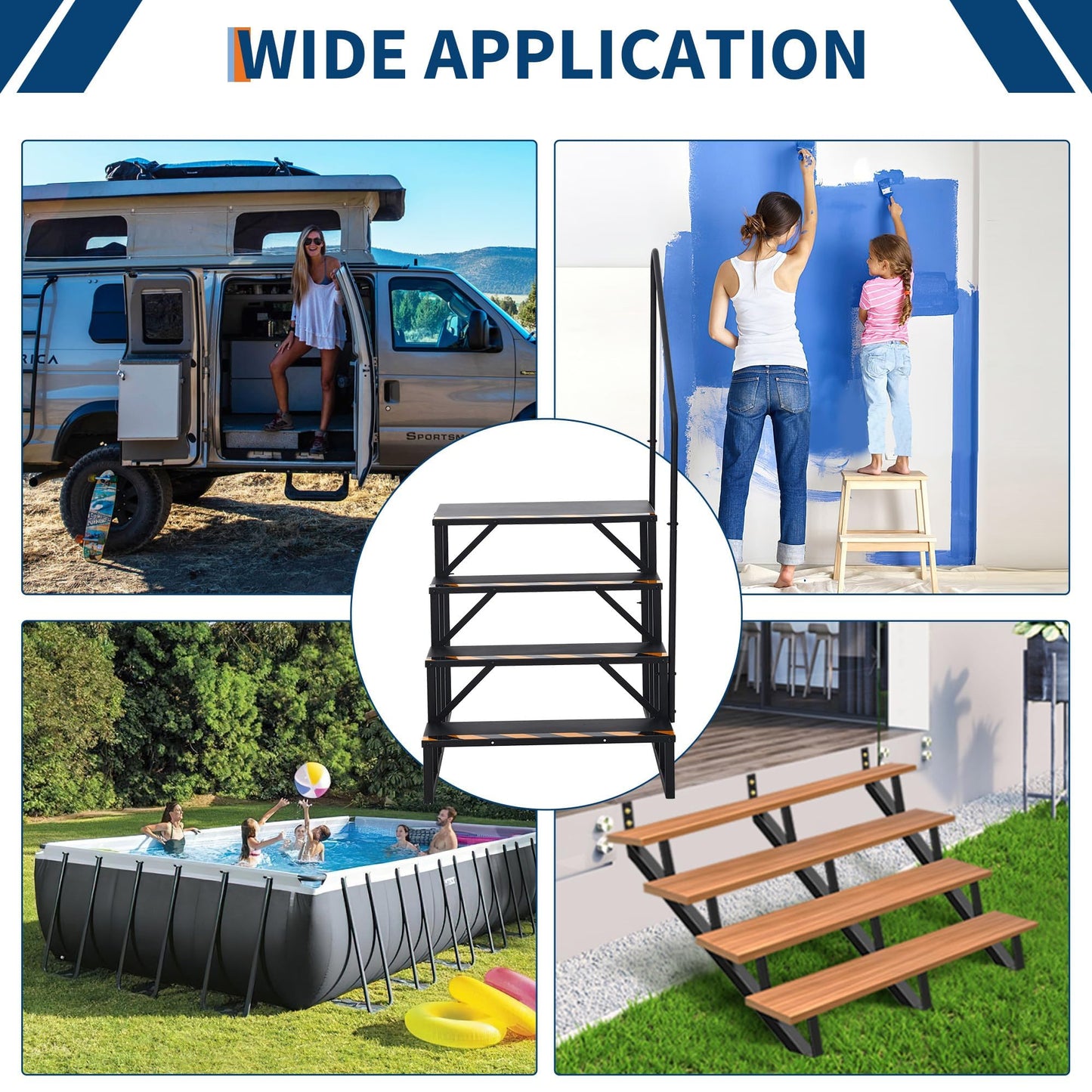 Garvee 4 Step RV Stairs with Handrail & Non-Skid Tapes, Portable Outdoor Step Ladder for 5th Wheel Trailers, Travel Campers, Mobile Homes, Hot Tubs, Porches