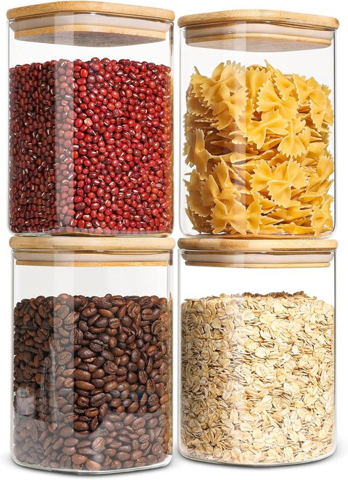 ComSaf Glass Storage Containers - 1.2 Qt Clear Food Jars with Lids | Set of 4 Square Canisters for Pantry