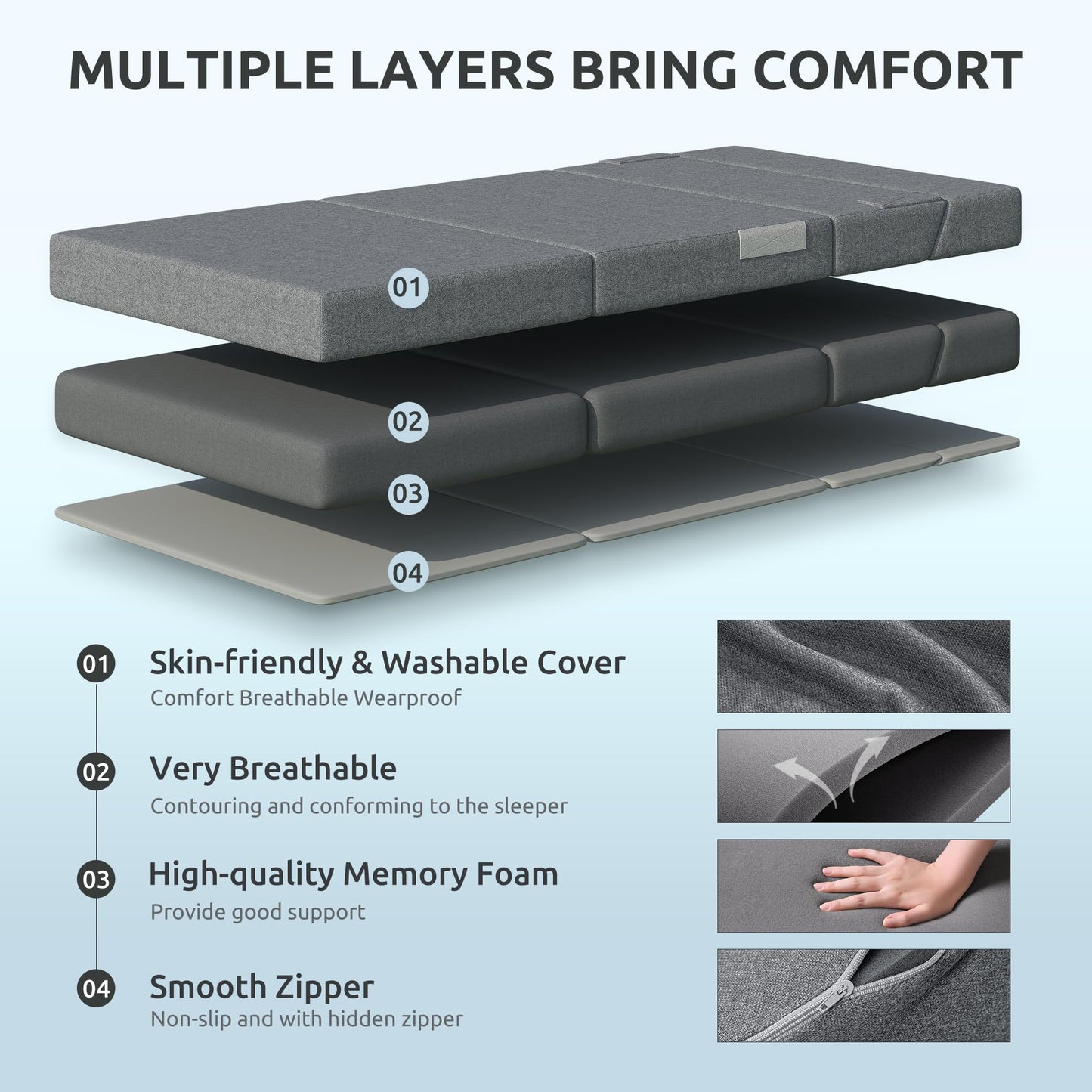 Youzi Folding Sofa Bed Queen, 6 Inches Foam Floor Sofa and Folding Mattress with Washable Cover, Fold Out Couch for Guests, Camping and Travel, Dark Gray, 80" x 60" x 6"