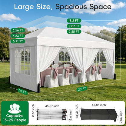 Driftalia 10x20 Pop up Canopy Tent with 6 Sidewalls, Outdoor Canopy with Windows & Roller Bag, Party Tent for Commercial Events, Weddings, Camping - White