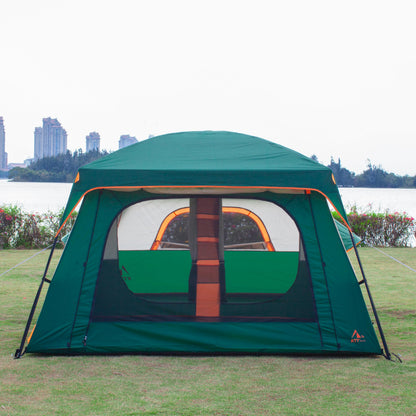 KTT Extra Large Tent 12 Person,2 Bay-Windows,Family Cabin Tents,14'Lx10'Wx6.58'H,2 Rooms and 3 Doors 3 Windows with Mesh,Waterproof,Straight Wall,Big Tent for Outdoor,Picnic,Camping,Gathering(Green)