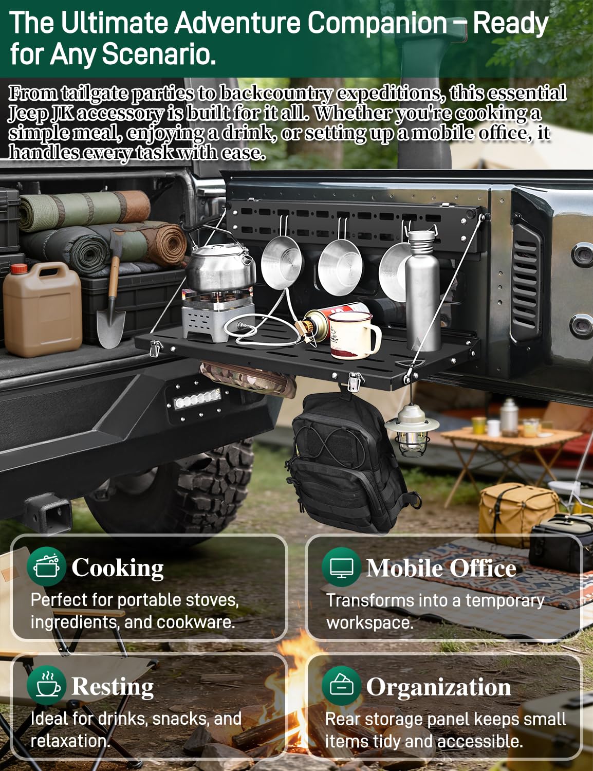JROAD No-Drill Tailgate Table for Jeep Wrangler JK 2007-2018,Foldable Jeep JK Tailgate Storage Cargo Rack with MOLLE Panel,Heavy Duty 88 lbs Capacity,Not Fit Trunk with Factory Subwoofer