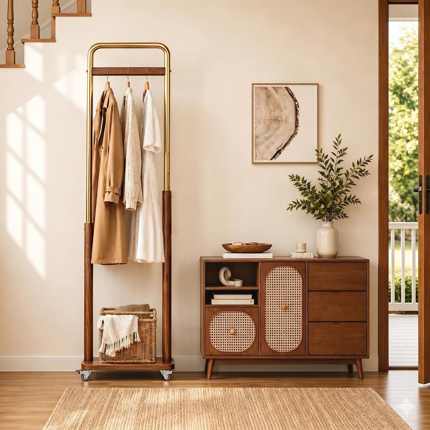 Taitiy Clothes Rack Solid Wood Coat Rack, Metal and Solid Wood Combination Clothing Rack with Wheels for Entryway, Bedroom, Living Room, Coat Racks Freestanding for Hanging Clothes Garment Scarf