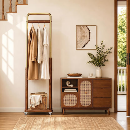 Taitiy Clothes Rack Solid Wood Coat Rack, Metal and Solid Wood Combination Clothing Rack with Wheels for Entryway, Bedroom, Living Room, Coat Racks Freestanding for Hanging Clothes Garment Scarf