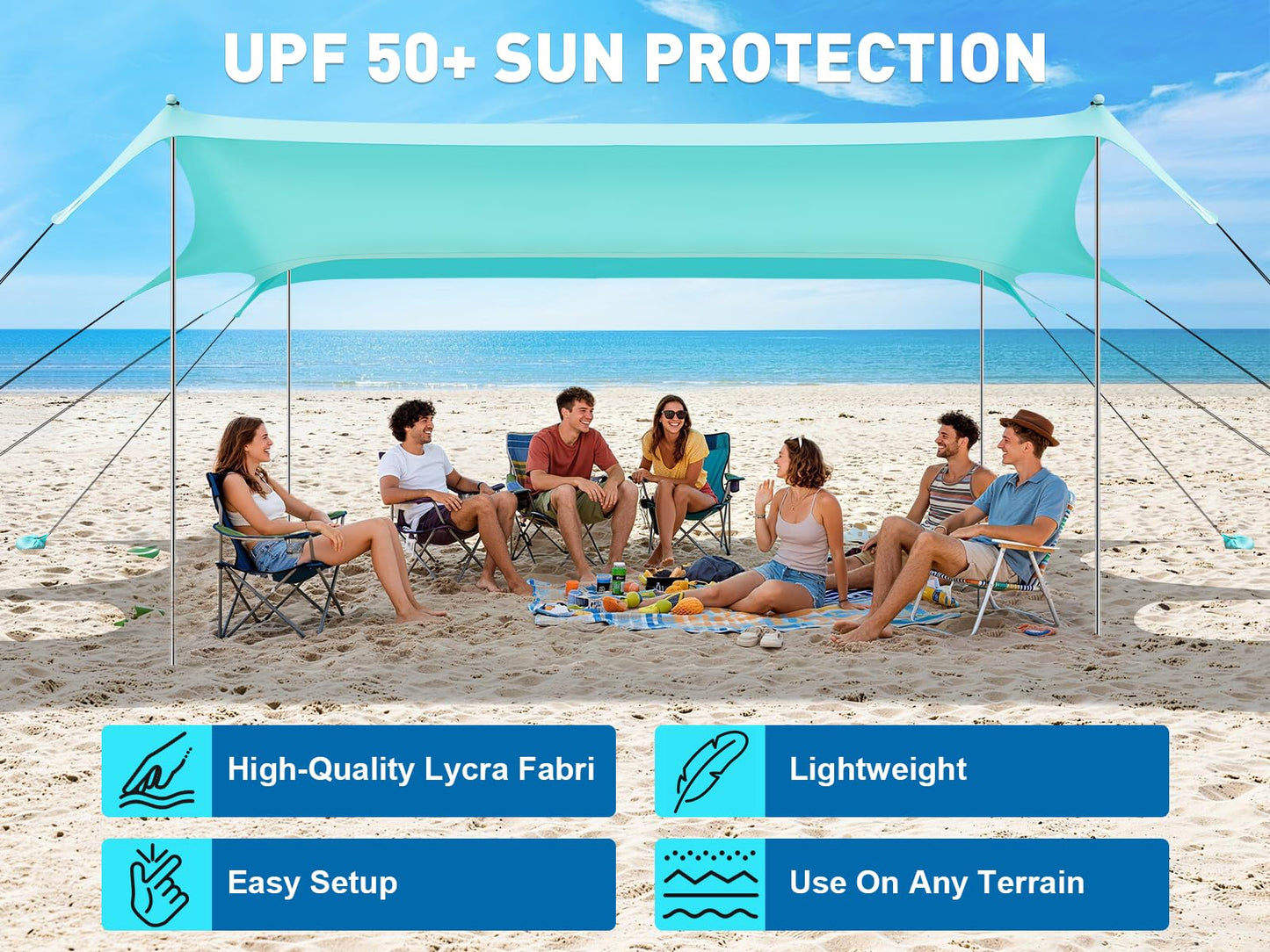 Beach Tent Shade Canopy, 14 x 11FT Oversized Beach Canopy with 8 Sandbags, UPF 50+ Protection Outdoor Beach Tent Sun Shelter for Camping Trips, Fishing, Backyard - Superior Wind Resistance
