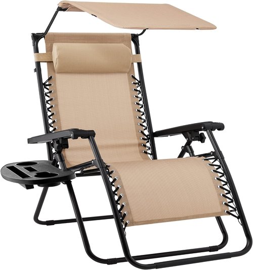 Best Choice Products Folding Zero Gravity Recliner Chair - Adjustable Canopy Shade, Headrest & Accessory Tray - Beige