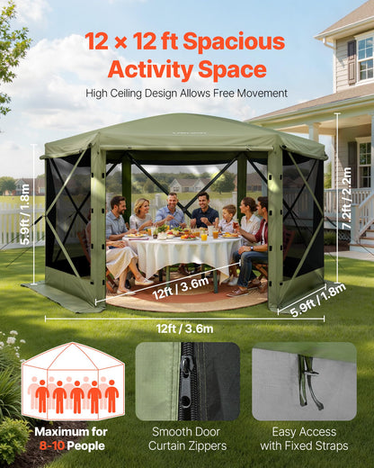 VEVOR Pop up Gazebo Screen Tent, 12 x 12 ft Large 6-Sided Camping Canopy Tent with Removable Top & Carry Bag, Quick-Set & Bite-Proof, Screen House Sun Shelter for 8-10 Persons Backyard Patio, Green