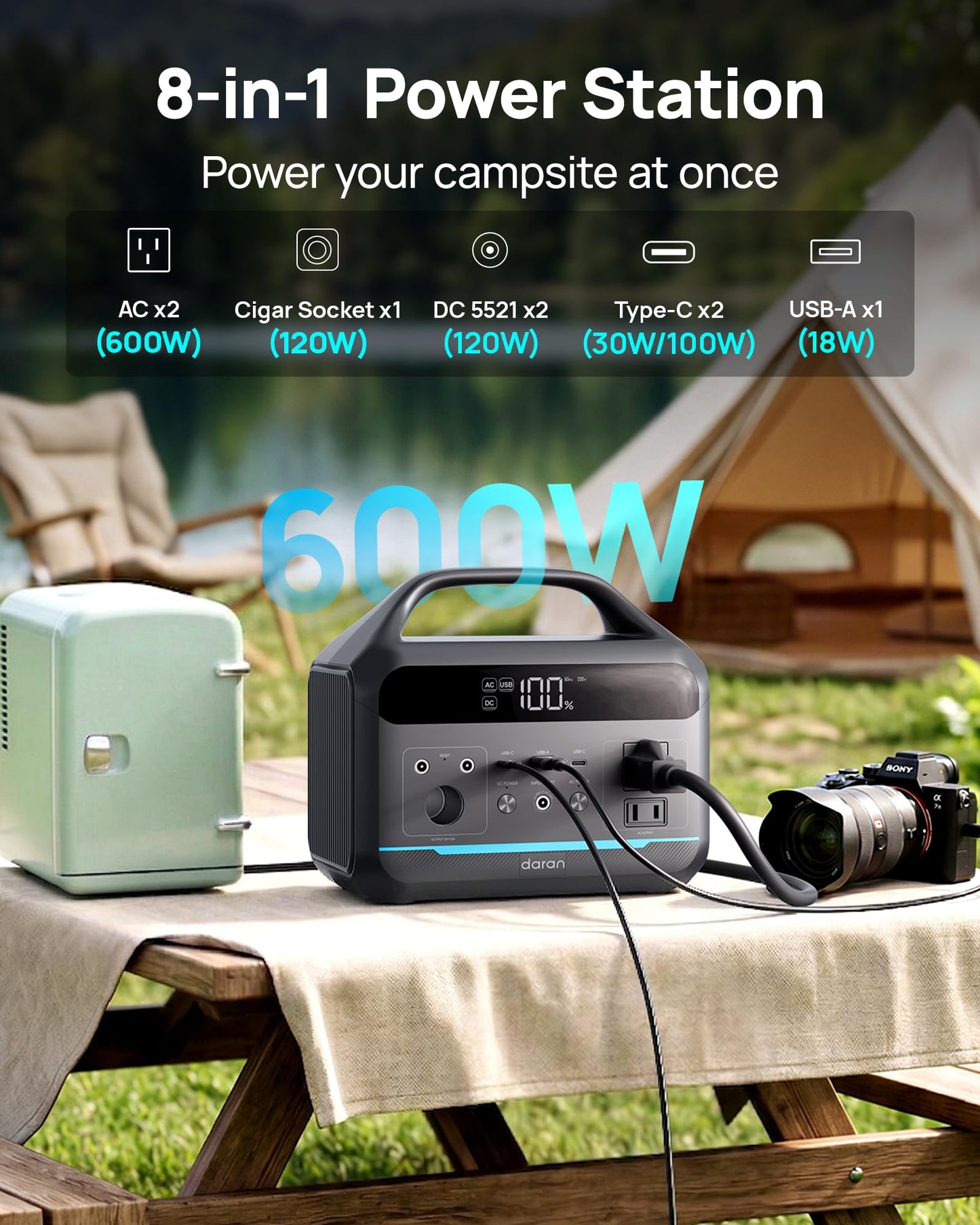 DARAN Portable Power Station 600W(1200W Surge) - 288Wh Solar Generator LiFePO4 Battery with AC DC Outlets, 8.3LB Portable Charging Station for Camping, RV, Home, Emergency (Solar Optional)