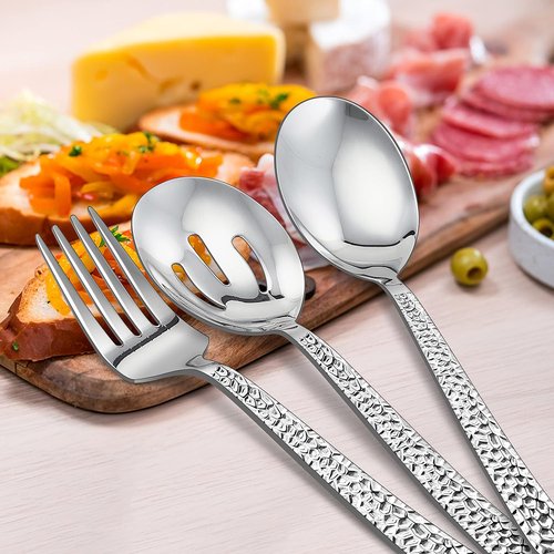 E-far Hammered Serving Utensils Set - Stainless Steel 8.7 Inch Square Hostess Set | Dishwasher Safe & Mirror Finished