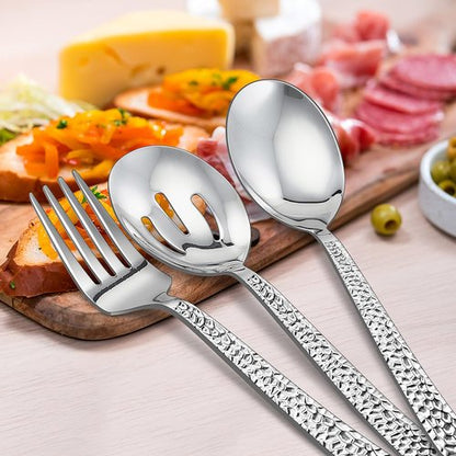 E-far Hammered Serving Utensils Set - Stainless Steel 8.7 Inch Square Hostess Set | Dishwasher Safe & Mirror Finished