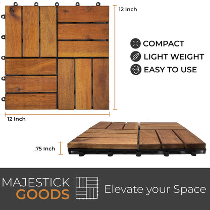 Majestick Goods Interlocking Slat Deck Tiles, Acacia Wood Interlocking Deck Tiles - Easy Installation for Patio Flooring & Walkways with Raised Base Drainage, 12 x 12 x 0.9 Inch (24 Count)