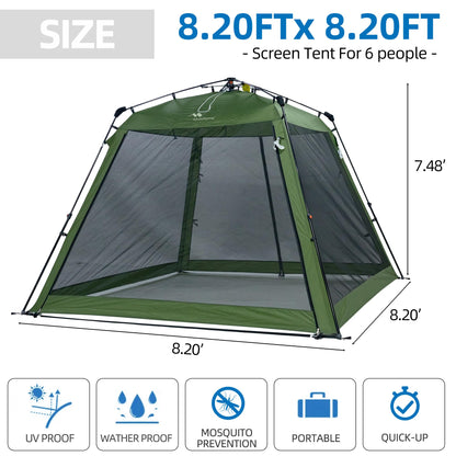 Pop Up Screen House Gazebo 8.2'x8.2'x75'' – Instant Portable Canopy with Mosquito Netting & UPF Sun Protection, Tool-Free 60s Setup, Foldable Outdoor Tent for Backyard, Camping, Park,Olive Green