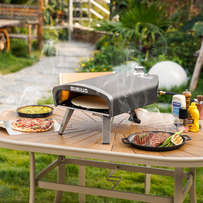Mimiuo Manual Rotating Pizza Oven Outdoor Gas Propane, Mimiuo Portable 13-Inch Pizza Griller with Rotating Stone, Even Heating No Burning, Includes Oven Cover, Pizza Peel, Cordierite Stone