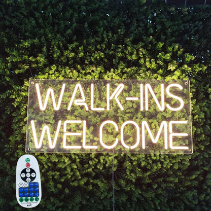 Walk-Ins Welcome Neon Sign (LARGE Sign 24x10", Remote Included) Open Led Light Neon Light Walkins Welcome Sign Walk Ins Welcome Sign For Salon Business Welcome Signs (GoldYellow - 24x10")