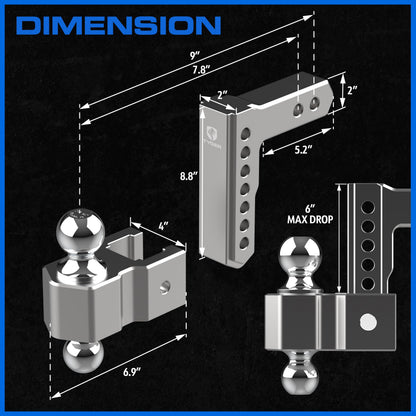 Tyger Auto Adjustable Drop Hitch Dual-Ball Mount with 2" and 2-5/16" Towing Balls | Fits 2" Receivers | 12500 lbs GTW | Aluminum | Trailers Boats ATVs RVs | TG-DB6U12047