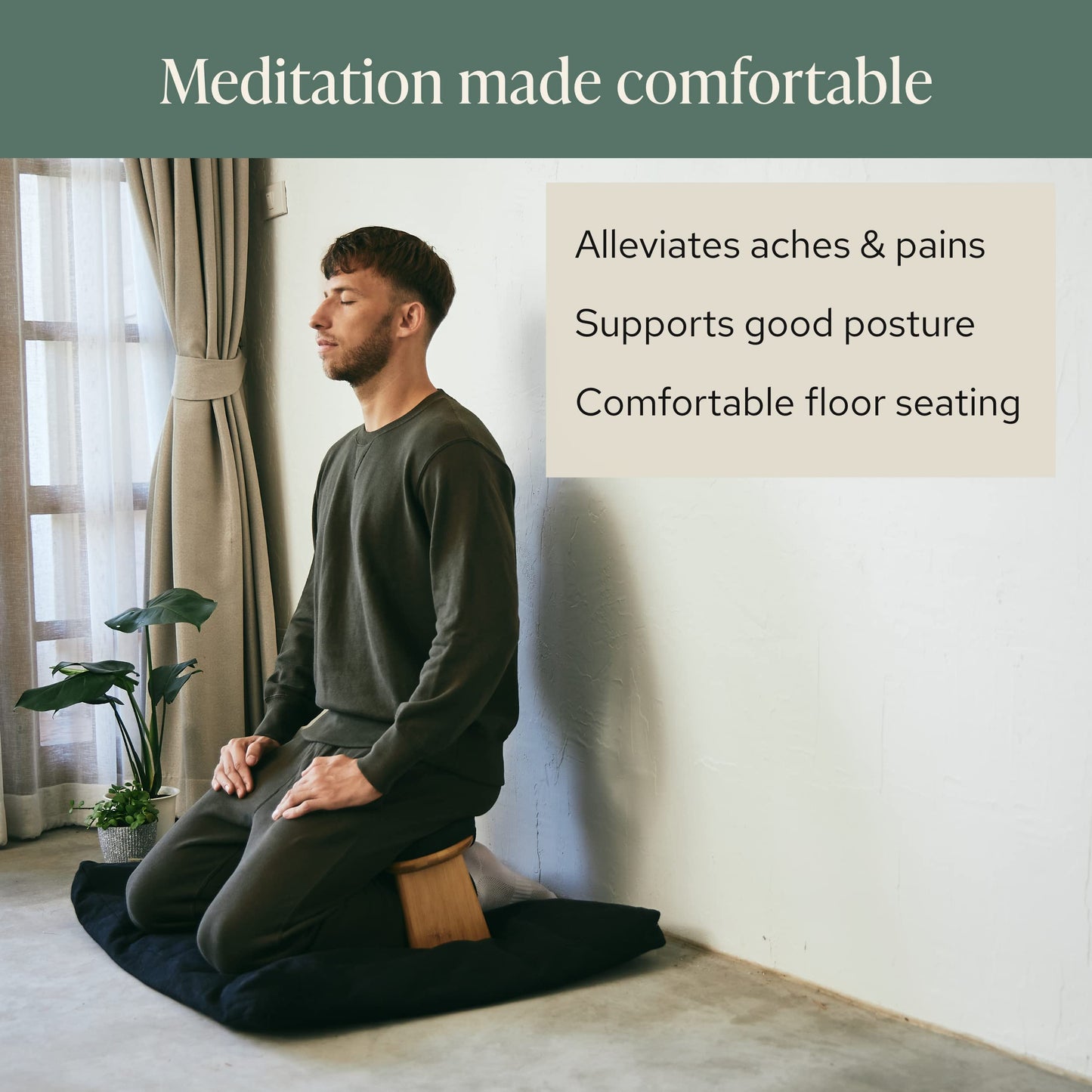 Mindful Modern Bamboo Bench and Zabuton Meditation Mat Bundle - Small Kneeling Meditation Bench with Locking Magnetic Hinges - Wooden Kneeling Ergonomic Bamboo Seiza and Mat for Meditation
