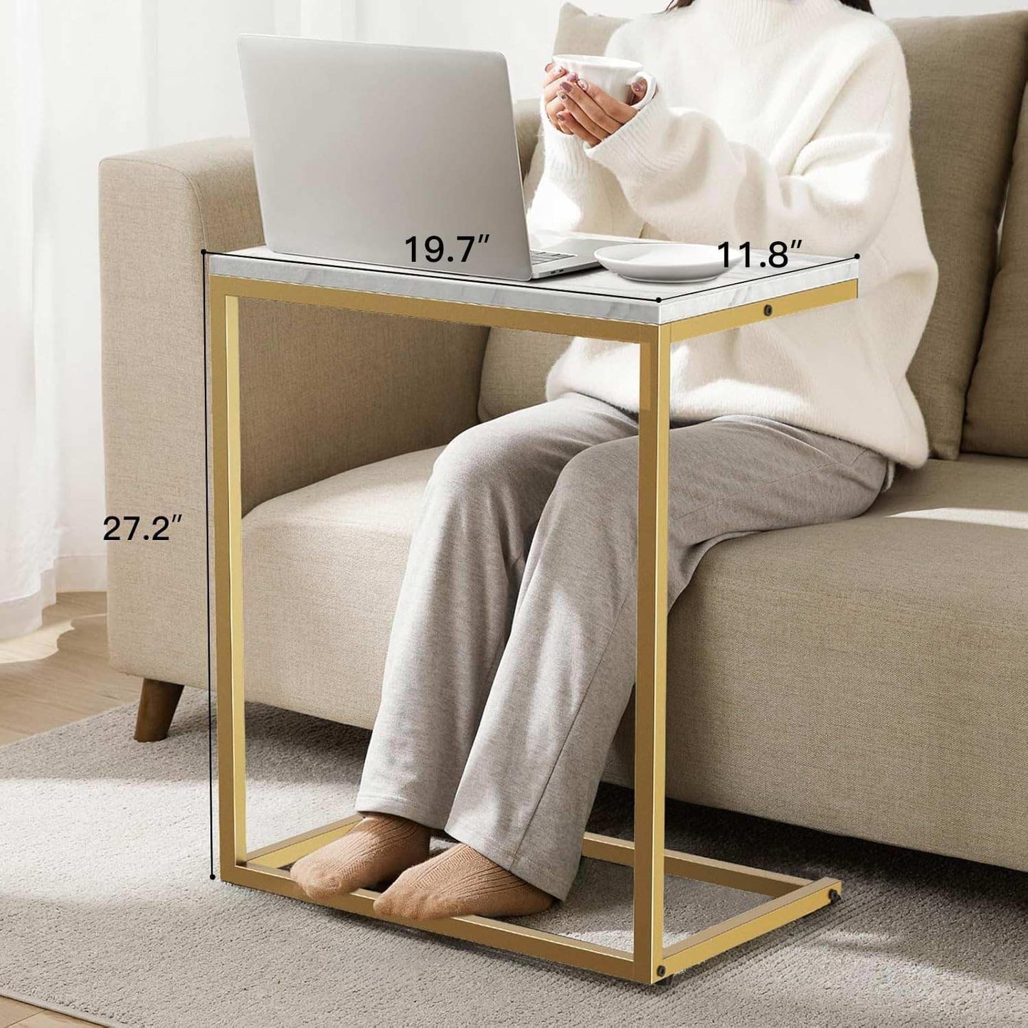 Pipishell C Shaped End Table - Modern Marbling Wood Top | 27-Inch Sofa Side Table for Living Room