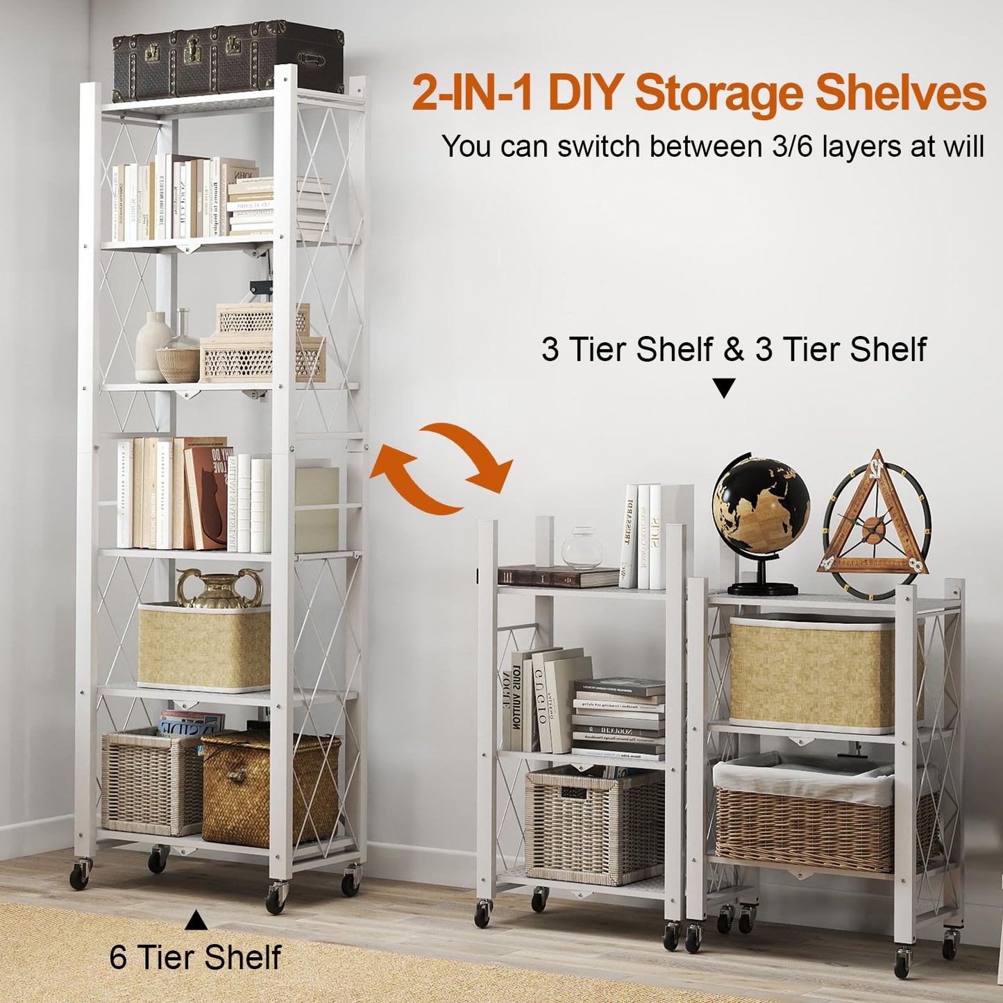 Yuanjimi 6-Tier Foldable Storage Shelves with Wheels, Folding Metal Shelf Unit, Folding Bookshelf no Assembly, Collapsible Shelves for Craft Shows for Kitchen, Bedroom, Living Room, White