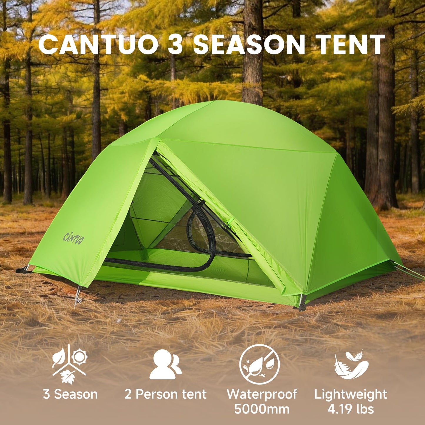 CANTUO Ultralight Camping Backpacking Tent 2 Person - Windproof & Waterproof PU5000mm 20D Nylon Tents for Camping, Hiking, Bikepacking