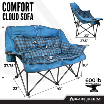 Black Sierra Double Loveseat Comfort Camping Couch, Oversized Folding Chair for Adults, 600‑lb Capacity, Plush Padded Heavy Duty Outdoor Seat with Cup Holders & Carry Bag for Beach, RV