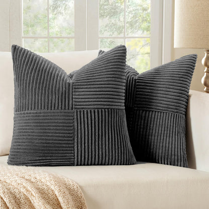 MIULEE Black Corduroy Pillow Covers Pack of 2 Boho Decorative Spliced Throw Pillow Covers Soft Couch Pillowcases Cross Patchwork Textured Cushion Covers for Living Room Bed Sofa 18x18 inch