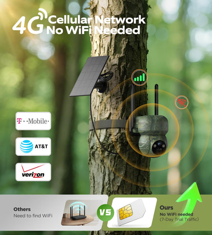 2Pack 4G LTE Cellular Trail Camera Solar: 2K Game Cameras Built-in SIM Card Hunting Cameras Wireless Battery with PTZ 360° Color Night Vision Motion Activated IP66 for Wildlife(No Support WiFi)