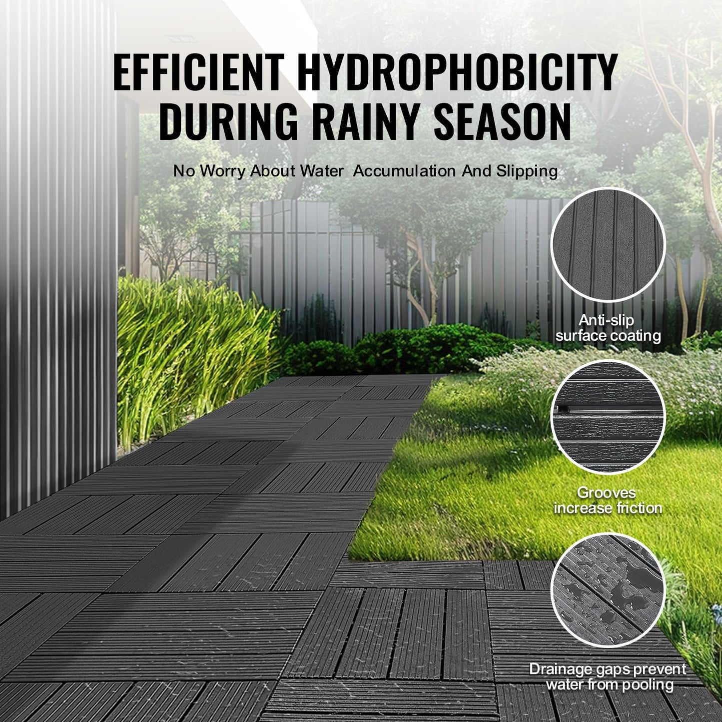 VEVOR 54 sq. ft Plastic Interlocking Deck Tiles, 54 Pack,12"x12" Waterproof Non-Slip Outdoor Flooring All Weather Use, Patio Floor Decking Tiles for Porch Poolside Balcony Backyard, Dark Grey