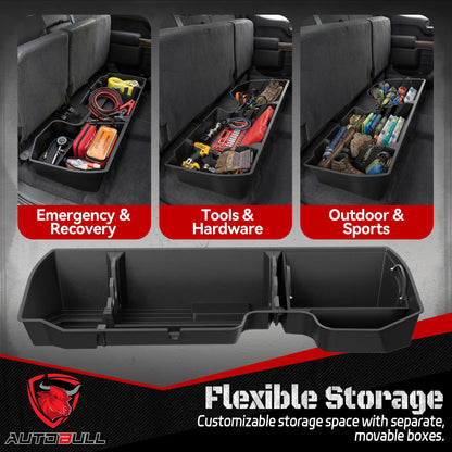 AutoBull Rear Underseat Storage Box For 2019-2026 Chevy Silverado/GMC Sierra 1500,Chevrolet Silverado/Sierra 2500HD 3500HD Double Cab &Crew Cab 2020-2026,Under Seat Storage Organizer w Bin & Mesh Net