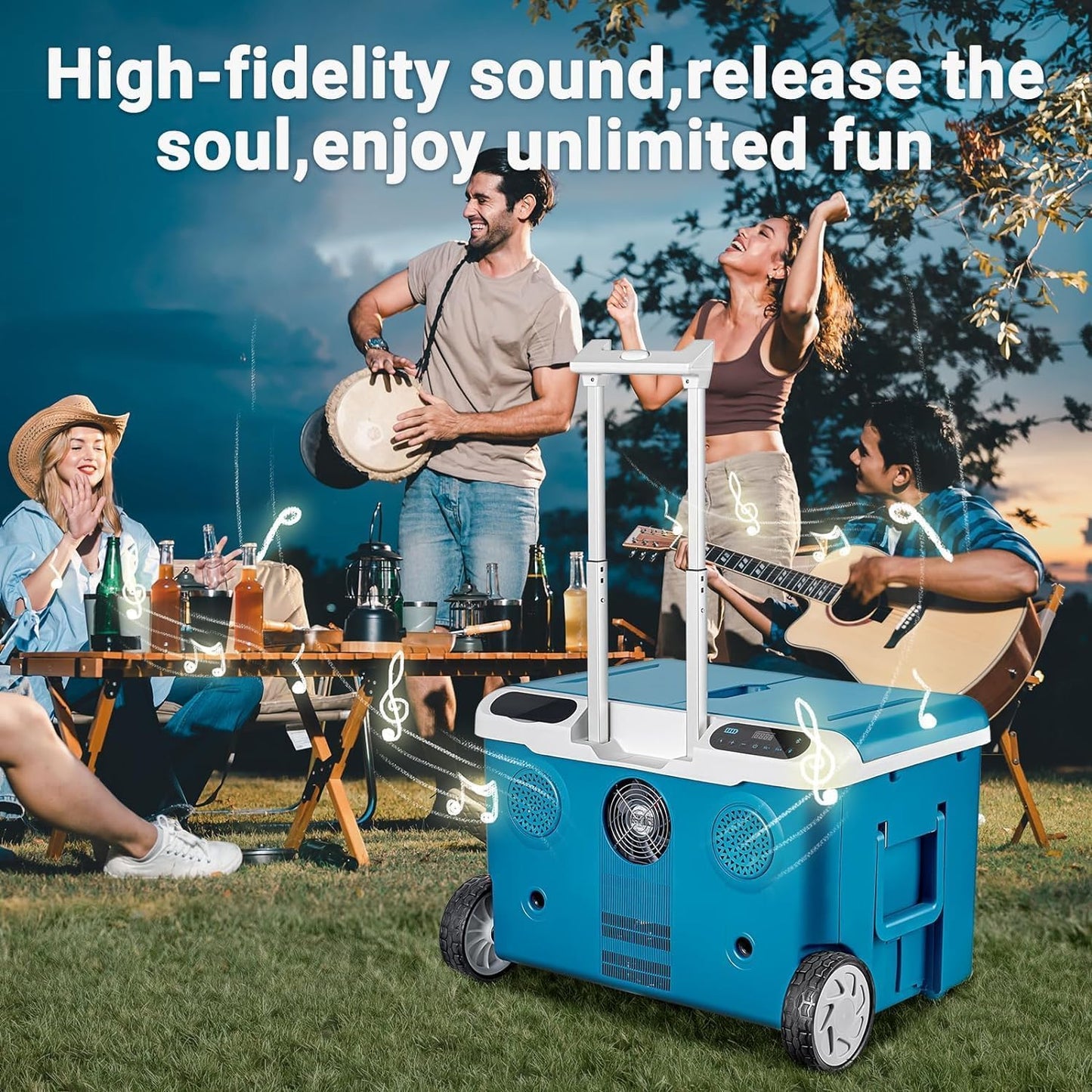 AAOBOSI Car Fridge, 40Quart（36L） Portable 12 Volt Car Refrigerator Cooler with Wheels&Bluetooth Speaker&Handle&Battery Powered, -4℉~68℉ with 12/24V DC,100-240VAC for Camping, Beach,Party,Pool