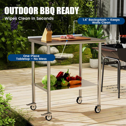 Chingoo Stainless Steel Work Table with Wheels, 24x36 Inch NSF Food Prep Table with Backsplash & Adjustable Undershelves for Commercial Kitchen, Restaurant, Garage