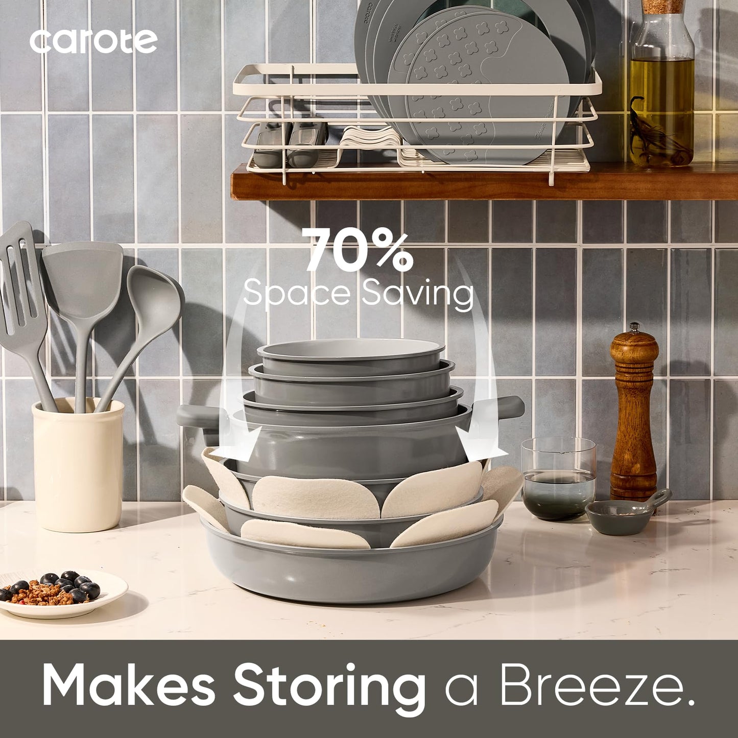 CAROTE 27pcs Ceramic Cookware Set Nonstick, Pots and Pans Set Non Stick, Non Toxic Cookware Detachable Handles, Dishwasher/Oven Safe, RV/Camping Cookware with Kitchen Utensils, Gray