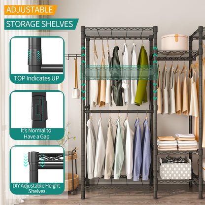 Exglobol Heavy Duty Garment Rack, Portable Wardrobe Clothes Rack Freestanding Adjustable Clothing Rack with 7 Tiers Adjustable Wire Shelving and 4 Hanger Rods, Max Load 920LBS
