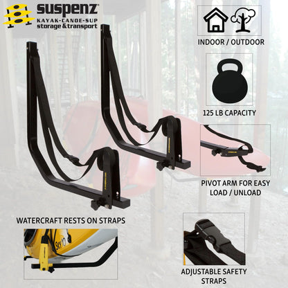 Suspenz Deluxe Kayak Canoe SUP Storage Rack, Marine Grade Adjustable Wall Hangers/Hooks for Kayaks, Canoes SUPs, Indoor & Outdoor Use, Safety Straps, Stores Boats up to 125 lbs, Black (12-0113)